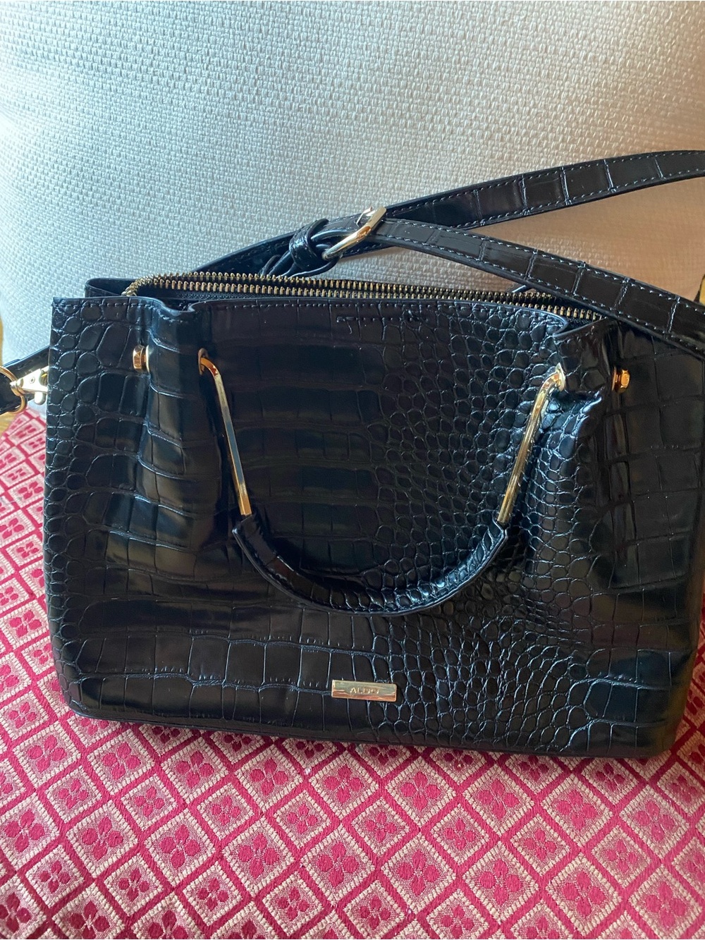 Aldo Black Croc-Embossed Satchel with Gold Accents